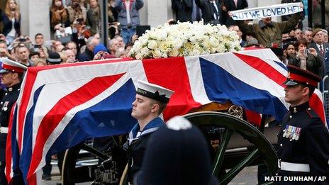The coffin is carried on a gun carriage drawn by the King"s Troop Royal Artillery