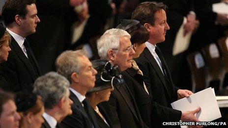 Former Prime Ministers Tony Blair, John Major and Prime Minister David Cameron attend the funeral service