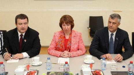 Serbian Prime Minister Ivica Dacic, EU foreign policy chief Catherine Ashton and Kosovan Prime Minister Hashim Thaci - 19 April