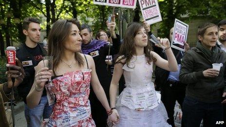 Supporters of gay marriage outside the French National Assembly, 23 April 2013