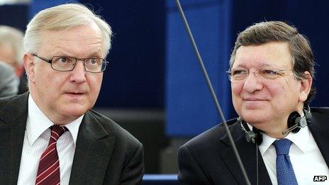 European Union Commissioner for Economic and Monetary Affairs Olli Rehn (L) and European Union Commission President Jose Manuel Barroso