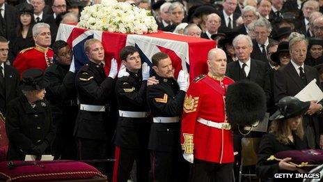 The coffin bearing the body of Baroness Margaret Thatcher arrives at St Paul's Cathedral, 17 April 2013