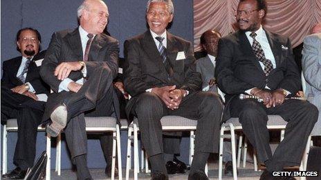 From L-R: FW de Klerk, the last apartheid-era president, Nelson Mandela, South Africa's first black president and Mangosuthu Buthelezi, leader of the Inkatha Freedom Party