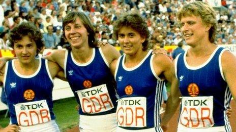 (L-R) Silke Gladisch, Marita Koch, Marlies Goehr and Ingrid Auerswald of the East German 4 x 100 metres Relay team celebrate after their victory during the Helsinki World Championships