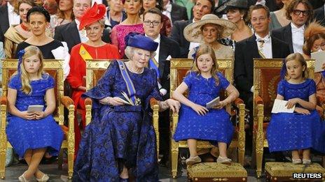 Princess Beatrix with her granddaughters Crown Princess Catharina-Amalia (L) Princess Alexia and Princess Ariane (R) (30 April 2013)