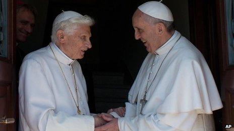 Emeritus Pope Benedict (l) with Pope Francis at the Vatican, 2 May 2013