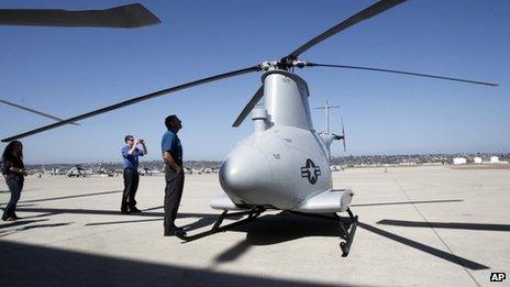 A Fire Scout MQ-8B helicopter on the ground in San Diego, California 2 may 2013