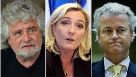 From left: Italy's Beppe Grillo, France's Marine Le Pen and the Netherlands' Geert Wilders (composite of AFP, AFP and AP images)