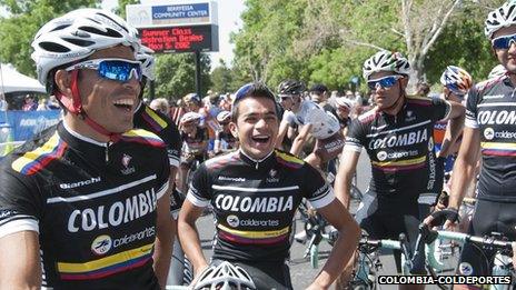 Cyclists of team Colombia-Coldeportes