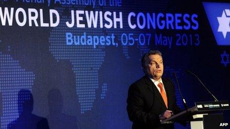 Hungarian Prime Minister Viktor Orban delivers a speech during an opening ceremony World Jewish Congress meeting in Budapest on 5 May 2013