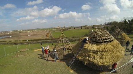 Three Neolithic huts completed at Old Sarum, Wiltshire