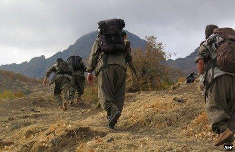 PKK fighters head towards Iraq from the mountains of south-eastern Turkey, in a photo released on 8 May