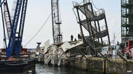 Aftermath of an accident involving the Jolly Nero container ship in the port of Genoa, 8 May 2013