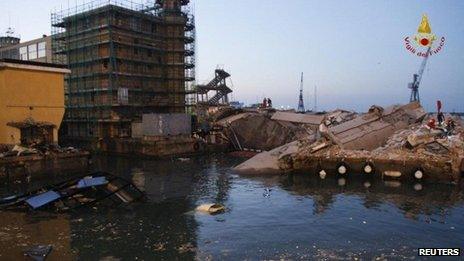 Aftermath of an accident involving the Jolly Nero container ship in the port of Genoa, 8 May 2013