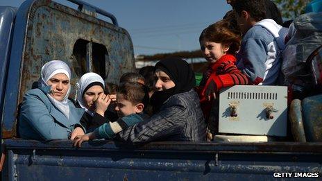 A car full of Syrian women and children fleeing the city of Aleppo