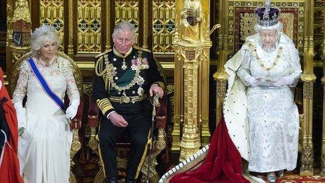 Camilla, Duchess of Cornwall and Prince Charles, Prince of Wales listen as Queen Elizabeth II delivers her speech during the the State Opening of Parliament