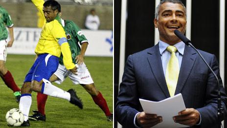 Romario shoots to score his second goal against Mexico in a match between Mexico and Brazil, 10 November 2004 (left) and Romario in the Brazilian Congress, 2013