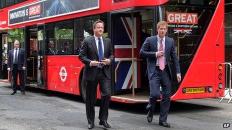 Prince Harry and David Cameron arrive at Milk Studios aboard a double-decker bus in New York