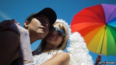 A couple poses during the gay pride parade at Copacabana beach in Rio de Janeiro, Brazil on 18 November, 2012