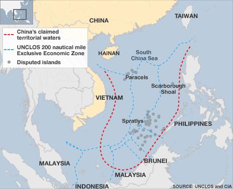 Map of South China Sea, showing competing claims, including China's "nine dash line" (in red)