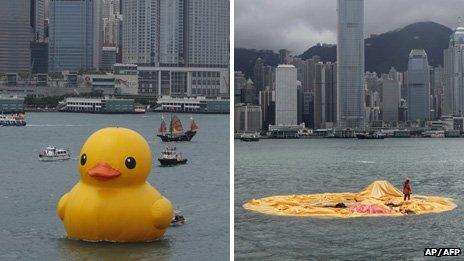 Before and after picture of a giant rubber duck that has deflated in Hong Kong's Victoria Harbour