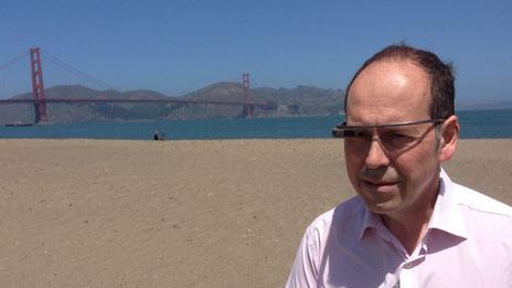 Rory Cellan-Jones wearing Google glasses in front of the Golden Gate bridge