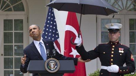 Marines hold up umbrellas for Turkish Prime Minister Tayyip Erdogan (left) and US President Barack Obama in Washington DC 16 May 2013