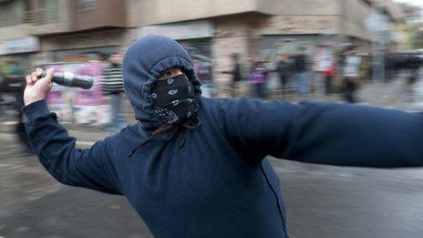 Masked Chilean student throws object at riot police (27 September 2012)