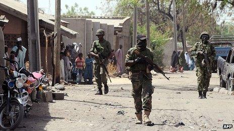 Nigerian troops patrol town of Baga, Borno State. 30 April 2013