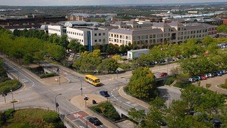 The centre of the Milton Keynes showing the junction of Midsummer Boulevard and Witan Gate