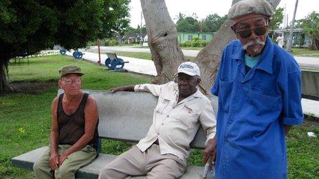 Three retired mill workers in Mejico, Cuba in May 2013