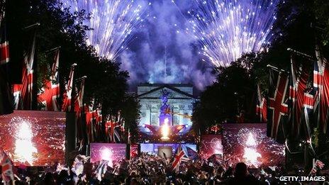 Fireworks over Buckingham Palace mark the end of the Diamond Jubilee concert on 4 June 2012