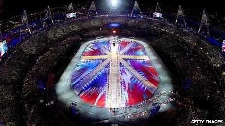 A general view of the Olympic stadium as a union flag is formed during the closing ceremony