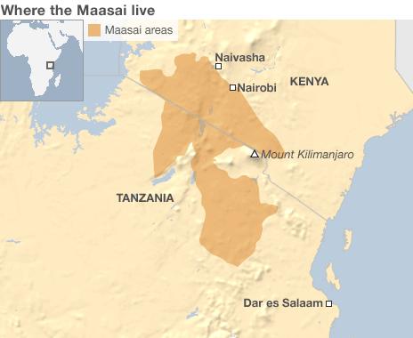 A map showing where the Maasai live