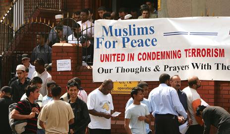 Muslims for Peace sign outside mosque after the 2005 London bombings