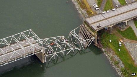 Part of Interstate 5 bridge collapsed in Skagit River near Mount Vernon, Washington. 24 May 2013