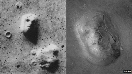 Face on Mars, photographed in 1976 (left), and a more recent hi-res image