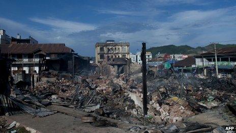 A destroyed market is seen in the downtown area of Lashio, Shan state of Myanmar on May 29, 2013.