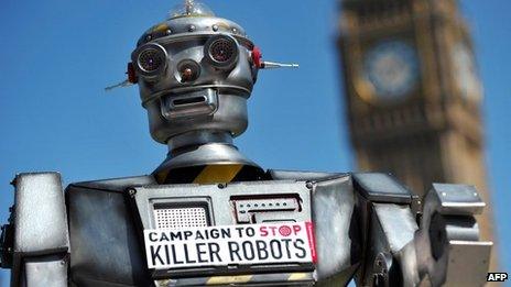 A mock "killer robot" in central London - part of a protest calling for a ban on such weapons in London on 23 April 2013