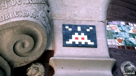 Space Invaders art on Palau de la Musica, Barcelona