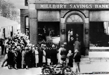 Queue of savers outside bank during 1929 financial crash