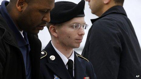 Bradley Manning being escorted by an officer