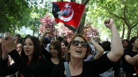 High school students chant slogans during a protest at Gezi park, Taksim square in Istanbul