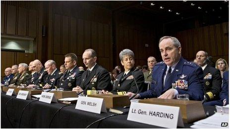 US military commanders assemble for a congressional hearing on recent sexual assault cases in Washington DC, 4 June 2013