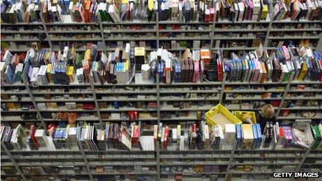 Hundreds of books in shelves at the logistic centre of Amazon in Bad Hersfeld, eastern Germany