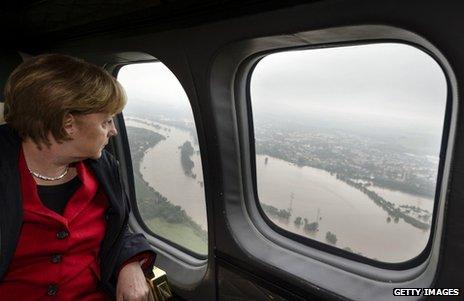 German Chancellor Angela Merkel surveys the Elbe flooding from an aircraft, 4 June