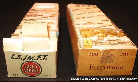 Cigarette cartons with Kober's hand cut notes on Linear B inscriptions