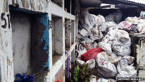 Bags containing unidentified remains in a cemetery in Tumaco, Colombia