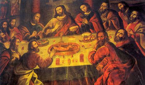 Depiction of the Last Supper, complete with guinea pig, in Cusco Cathedral, Peru