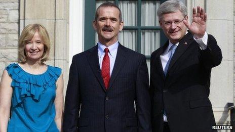 Canadian astronaut Chris Hadfield meets with Canada's Prime Minister Stephen Harper (R) and his wife Laureen at 24 Sussex Drive in Ottawa 10 June 2013